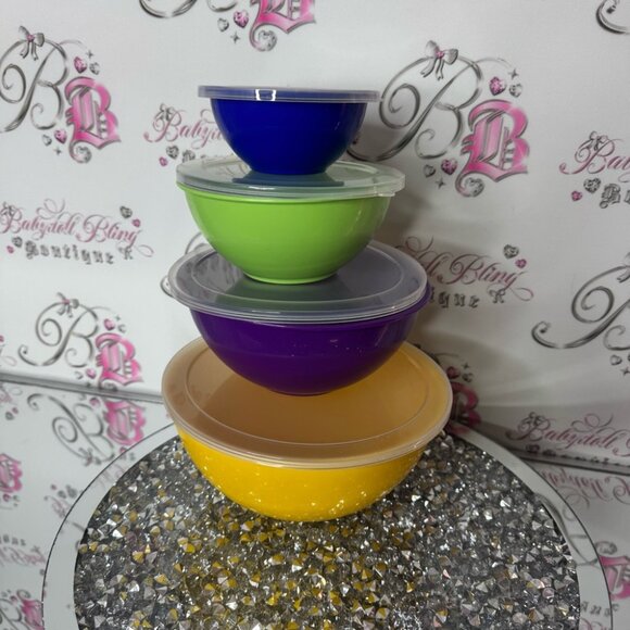 4 bowls colorful Stacking Bowls Set lids and base yellow purple green blue - Picture 6 of 6